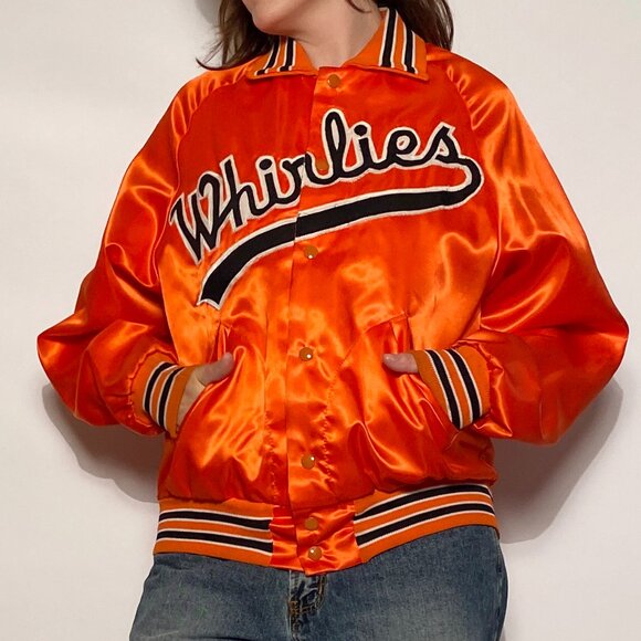 Vintage 1980s Orange & Black "Whirlies" Satin Bomber! Medium to Large - Picture 3 of 11